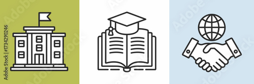 Vector icon sheet with administration building, graduation book, and handshake globe – Ideal for school policy, community engagement, or educational leadership
