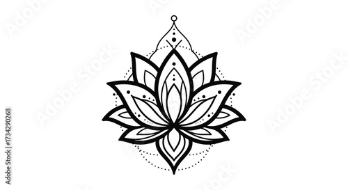 Intricate floral design of a lotus flower in black and white silhouette