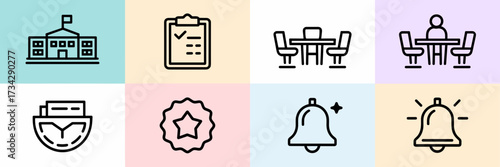 Vector icon sheet of principal visuals – School building, clipboard, meeting table, leadership badge, and announcement icon