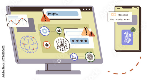 Computer screen showing warnings, malware signs, and password entry with a smartphone for two-factor verification. Ideal for cybersecurity, threat detection, online safety, error notification