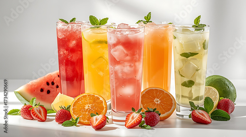 Ultra-realistic food photography of colorful fruit juices in tall transparent glasses with ice cubes, surrounded by fresh fruits. Bright minimal background, clean modern style, refreshing  