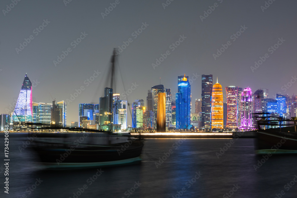 Fototapeta premium Doha Skyscrapers and City Center Night Photo, Doha Qatar