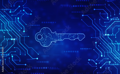 Digital key in technology background. Security or Private Key protecting data personal information. Privacy Data protection and Inter Security Concept.