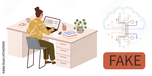 Woman typing on laptop at tidy desk alongside books, coffee, and plant. Digital cloud with circuits and Fake warning sign relates to misinformation, technology, education, and critical thinking