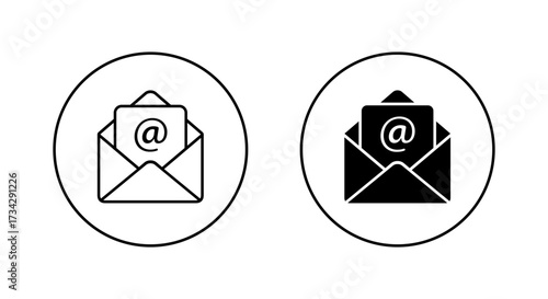 Email envelope icon set in circular outline. Open mail message with mention symbol