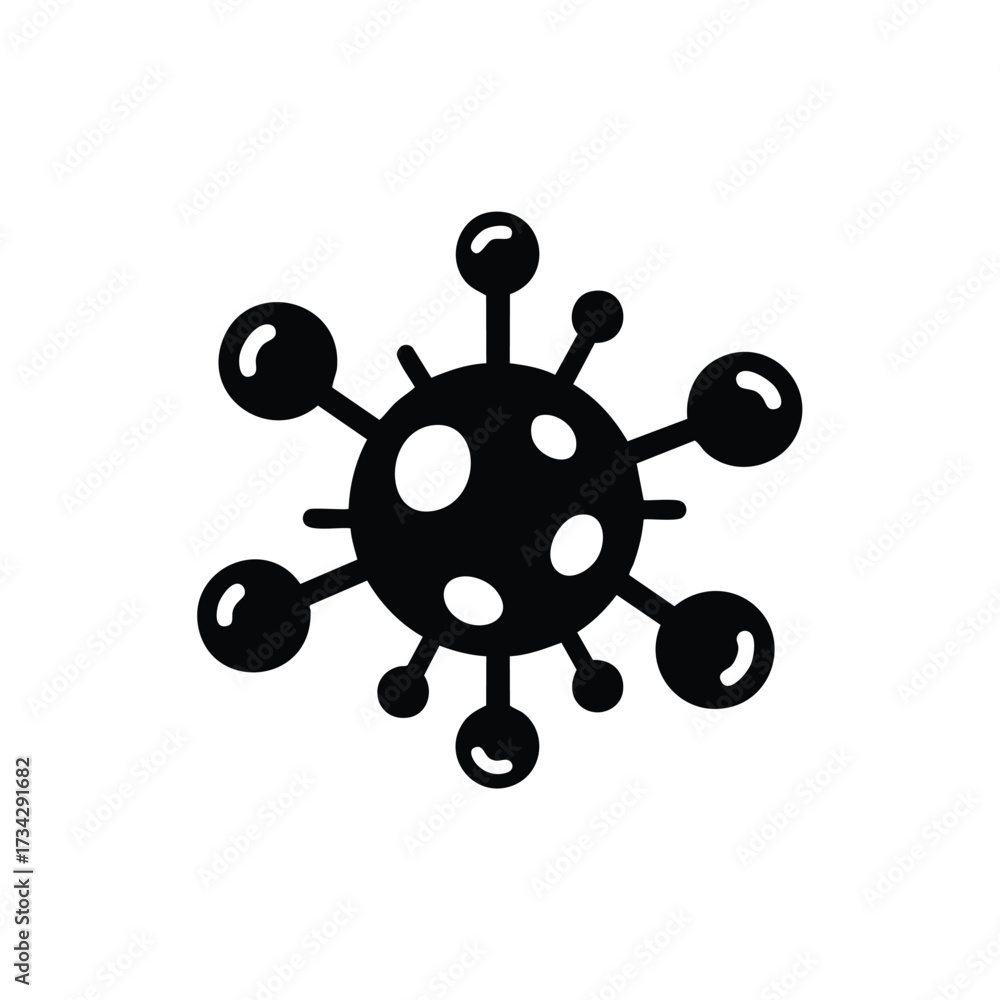 Fototapeta premium Simplified black and white representing a virus or microorganism with circular structures extending from a central core