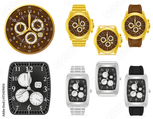 gold and silver mechanical wristwatch with a leather or metal bracelet cartoon stock vector illustration isolated on white background