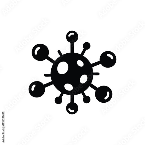 Simplified black and white representing a virus or microorganism with circular structures extending from a central core