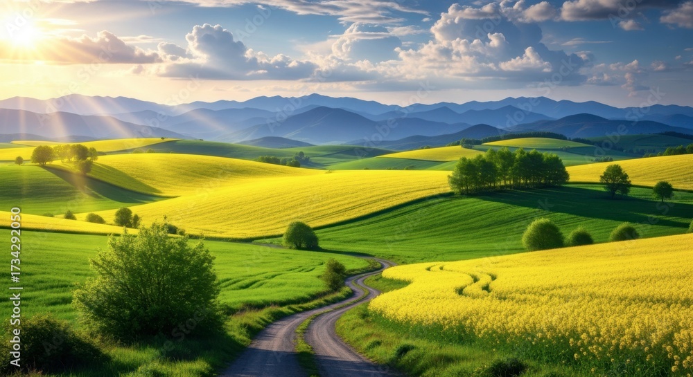 Fototapeta premium Scenic landscape of rolling hills with yellow flowers and a winding road creates a picturesque and peaceful countryside scene
