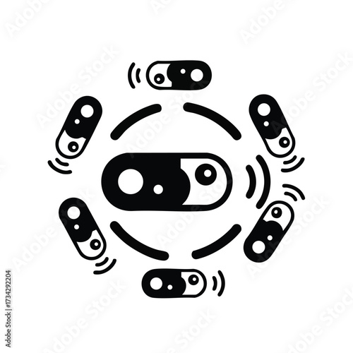 Group of abstract, stylized microorganisms or bacteria arranged in a circular pattern with dynamic motion lines