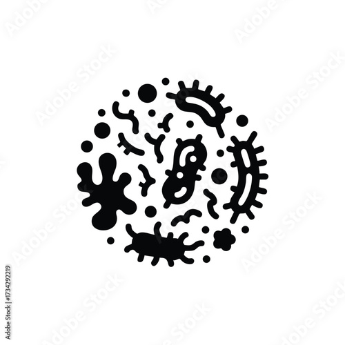 Black and White Artistic Representation of Various Microorganisms and Bacteria in a Circular Arrangement