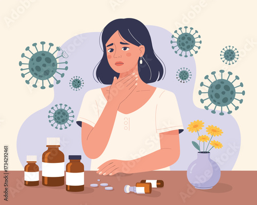 Sad woman with sore throat symptoms feeling sick with a virus and medicine on the table