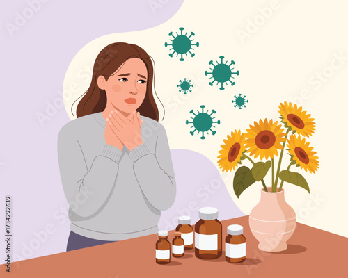 Young woman with sore throat and sickness, surrounded by medicine and virus icons