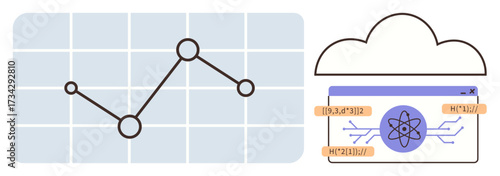 Graph chart with plotted points connected by lines, quantum computing interface with atom model highlights. Ideal for data trends, analysis, AI, cloud computing, quantum research, science, simple