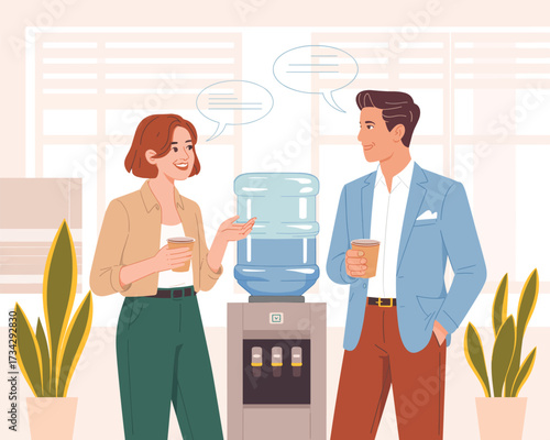 Office colleagues conversing near water cooler, discussing work matters during a break
