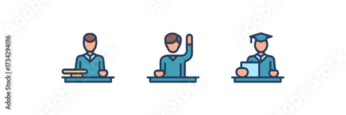 Vector icon sheet with professor lecture, student interaction, and grading icons