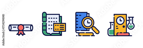 Vector icon sheet of professor branding with diploma, syllabus, research, and office hours
