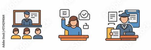 Vector icon sheet with professor lecture, student raising hand, and grading paper