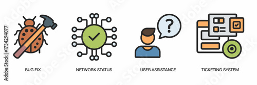 Vector icon sheet of IT support with bug fix icon