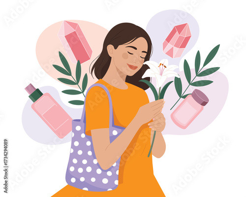Blissful Woman Embracing Wellness with Lilies and Crystal Accents