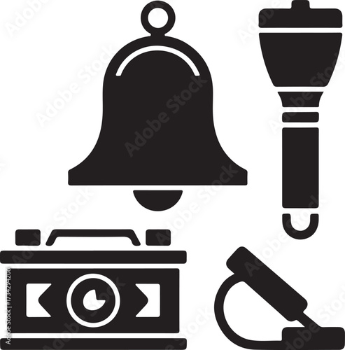 Collection of Black Icons Representing Car Emergency Kit Items battery car battery