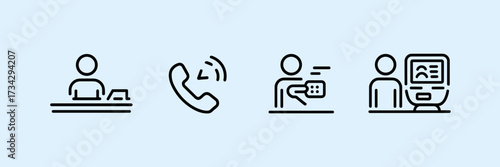 Vector icon sheet for receptionist branding with desk and info kiosk