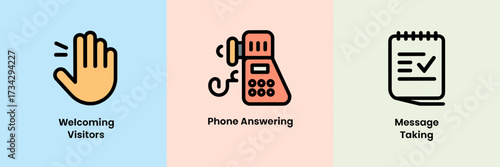 Vector icon sheet with welcoming visitors, phone answering, and message taking