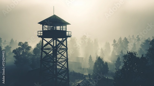 Soft morning light through mist illuminating isolated watchtower with sandbags and telescope silhouette