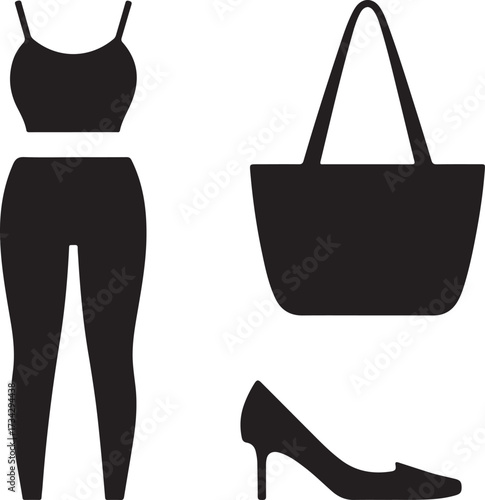 Black silhouette icons of women's fashion items on a white background clothing style