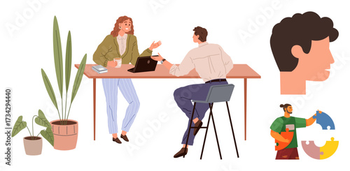 Two colleagues discussing ideas at a table with plants, a male profile, and puzzle-solving figures. Ideal for teamwork, communication, creativity, diversity, collaboration, brainstorming leadership