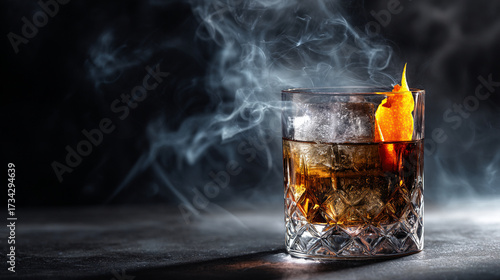 Luxury cocktail editorial: smoked old fashioned in crystal glass with single large ice cube and orange peel flame, dark moody background
