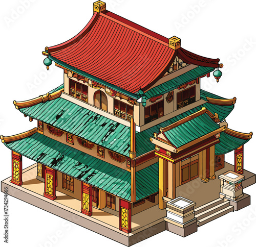 Traditional Chinese Buddhist temple architecture featuring a red pavilion with a distinctive ancient roof set against the Beijing sky