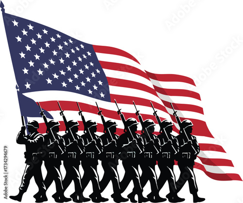 Silhouette of Marching US Soldiers with American Flag – Patriotic Military Illustration