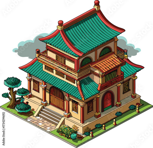 Vector illustration of an ancient oriental pagoda building with a traditional roof against the sky