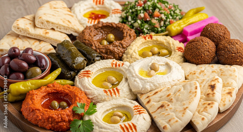Indulge in a vibrant mezze platter bursting with creamy hummus, savory falafel, stuffed grape leaves, olives, and warm pita bread for delightful sharing.