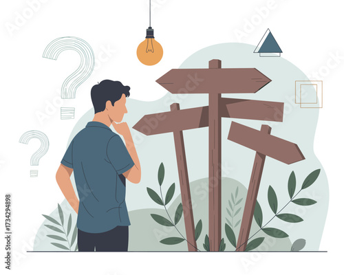 Thoughtful man at a crossroads contemplating choices and future direction, a vector concept of decision making