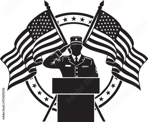 Military Officer Saluting at Podium with American Flags – Patriotic Leadership Silhouette Design