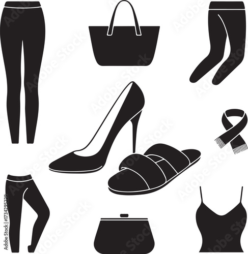 Collection of black female fashion accessories and clothing icons on white background Keywords: leggings, pants, leggings, tights, high heel shoe, stiletto, pump, handbag, tote bag, purse, clutch