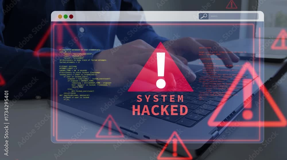 Hacking Computing Cybersecurity breach concept with hacked system, malware attack, data ...