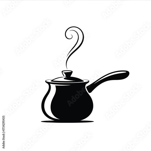 Black silhouette of a steaming pot with a handle on a white background