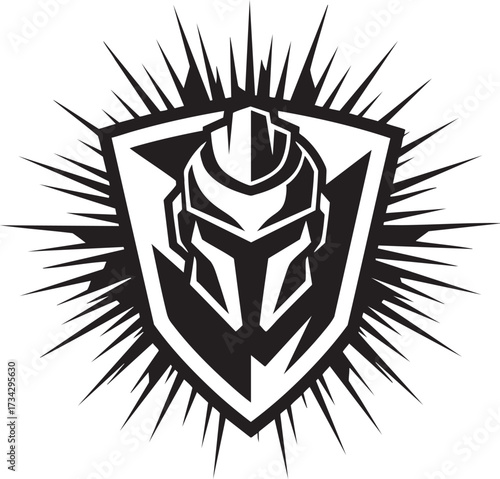 Spiky Shield with Spartan Helmet – Bold Black and White Warrior Emblem Design