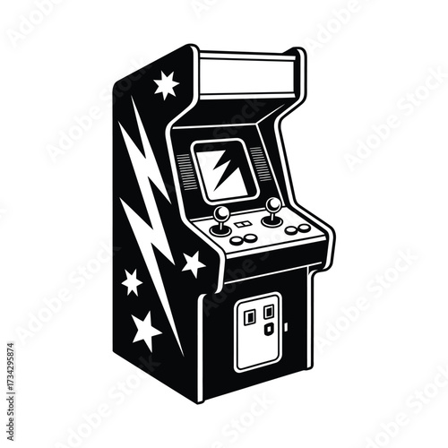Retro arcade game machine with lightning bolts and stars