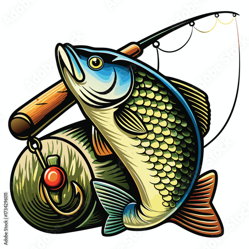 An isolated cartoon vector illustration of a freshwater fish on a hook, a successful catch from the lake or