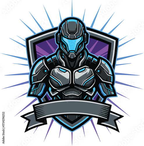 Futuristic Cyborg in High-Tech Armor with Shield and Banner, Vector Emblem Design