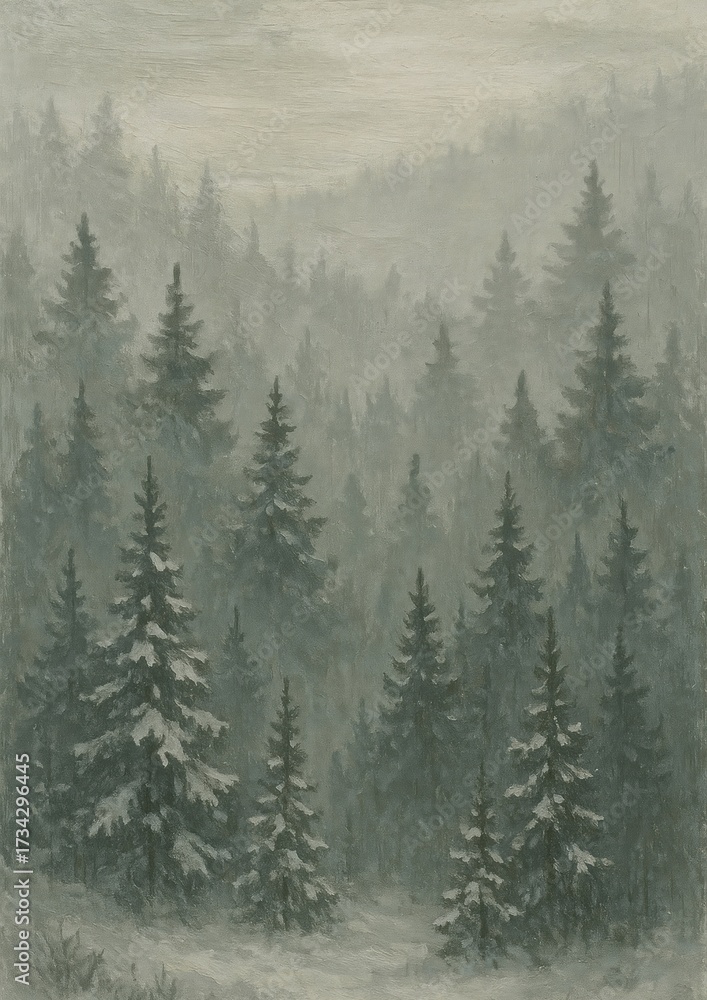 Obraz premium Serene misty forest landscape wallpaper.