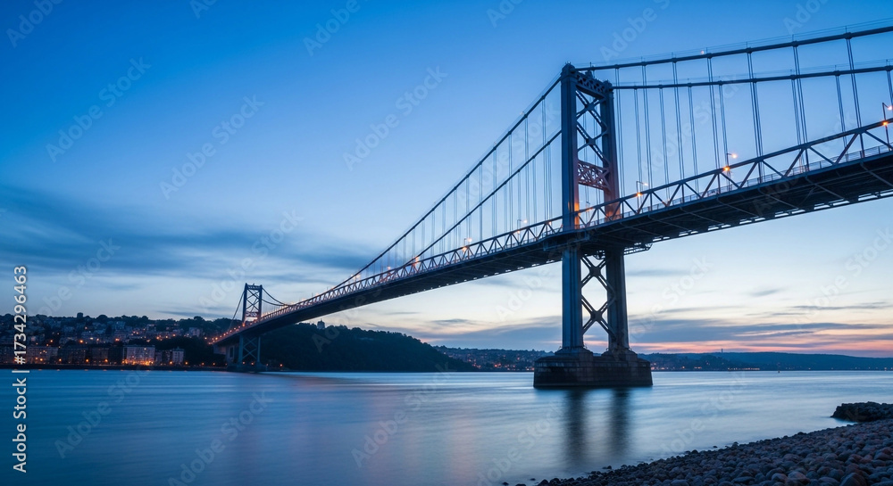Fototapeta premium Majestic suspension bridge illuminated at dusk spans tranquil blue water with distant city lights glowing softly