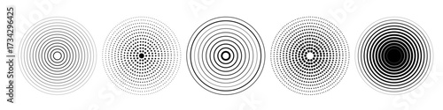 Linear set of radar icons, sonar waves, concentric radial signal circles, echo sounder symbols. Vector black and white illustration on a transparent background for interfaces and infographics