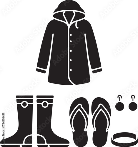 Black silhouette icons of rain gear and accessories on a white background raincoat hood