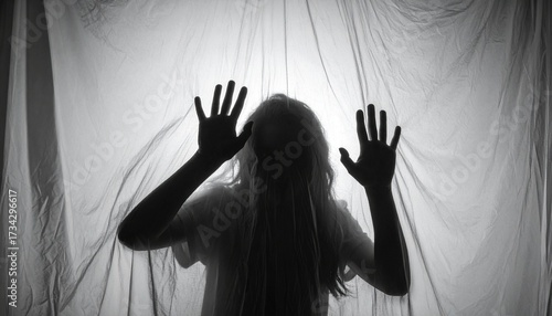 Creepy ghost hands in misty darkness