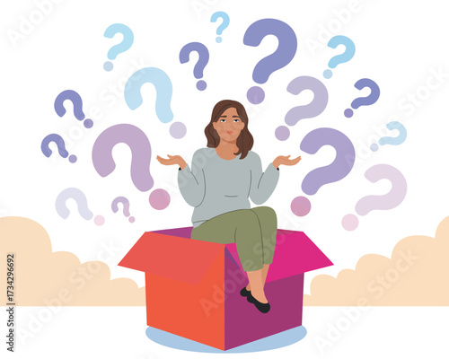A confused woman sitting in a box surrounded by question marks, a vector illustration of uncertainty